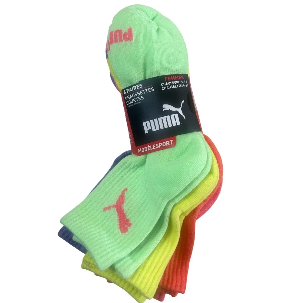 Puma Low Crew Socks Womens 9-11 Multicolor New 6 Pairs Sportstyle Arch Support